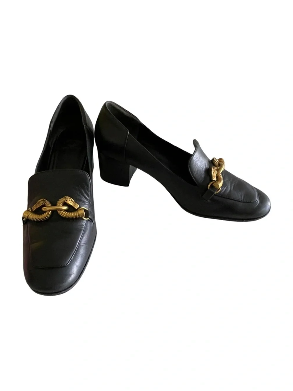 Tory Burch Jessa Black Leather Block Heel Loafers Gold Horsebit Detail Size 8.5
